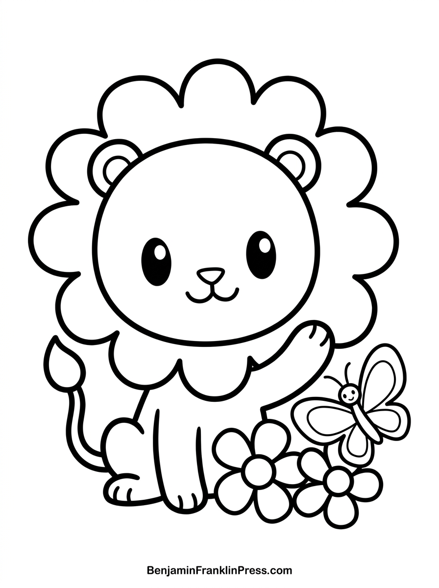 Desenho de leão para colorir, filhote fofo sentado acenando com a pata, ideal para crianças pequenas