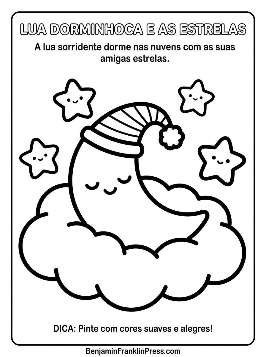 Desenho de lua para colorir, lua fofa dormindo em uma nuvem, ideal para crianças pequenas
