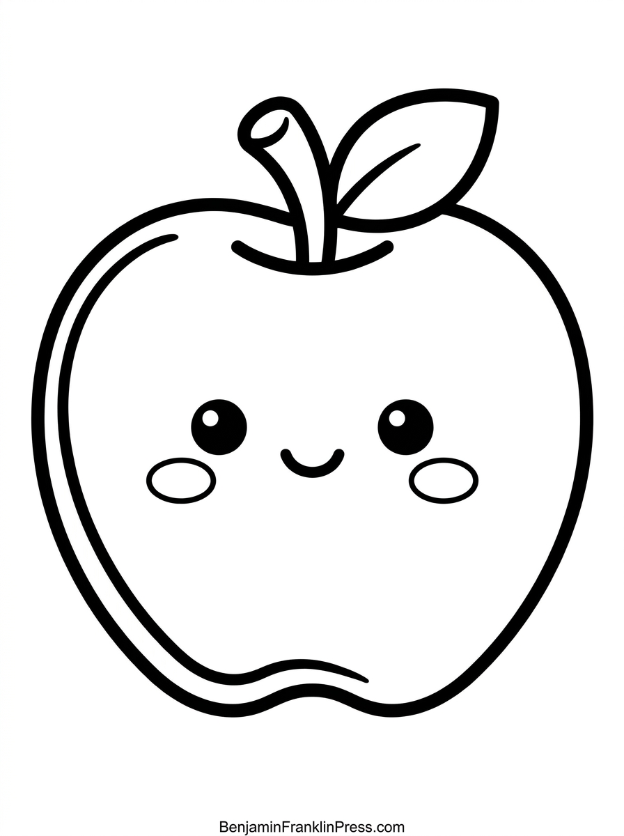 Desenho de maçã para colorir com rostinho feliz, ideal para crianças pequenas iniciantes no colorido