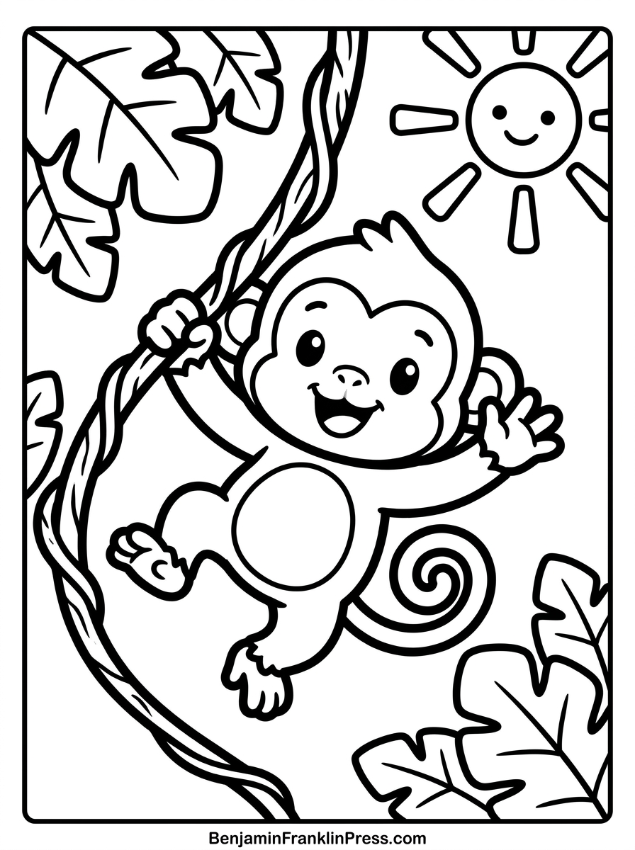 Desenho de macaco para colorir balançando em um cipó na floresta, com sol sorridente ao fundo, ideal para crianças pequenas