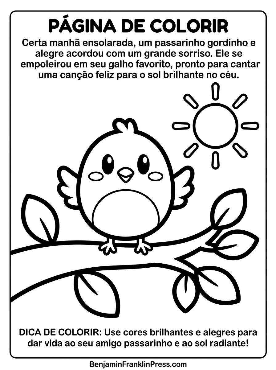 Desenho de passarinho colorir fofo pousado em um galho, com sol sorridente ao fundo, ideal para crianças pequenas