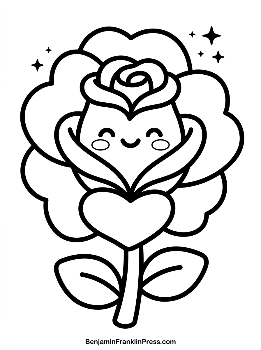 Desenho de rosa para colorir grande e fofa, com rosto sorridente, ideal para crianças pequenas