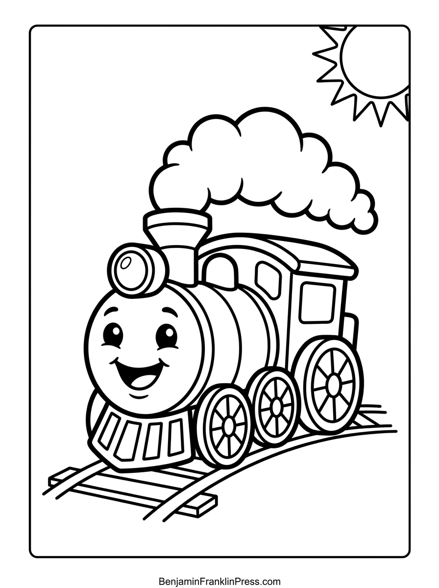 Desenho de trem para colorir, trenzinho fofo e sorridente com fumacinha saindo da chaminé