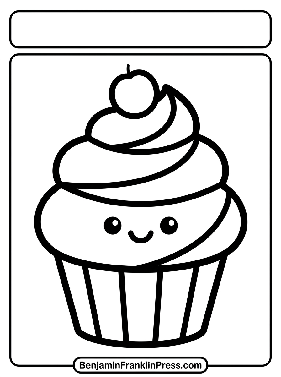 Desenho de cupcake para colorir com cobertura em redemoinho e carinha fofa, atividade infantil