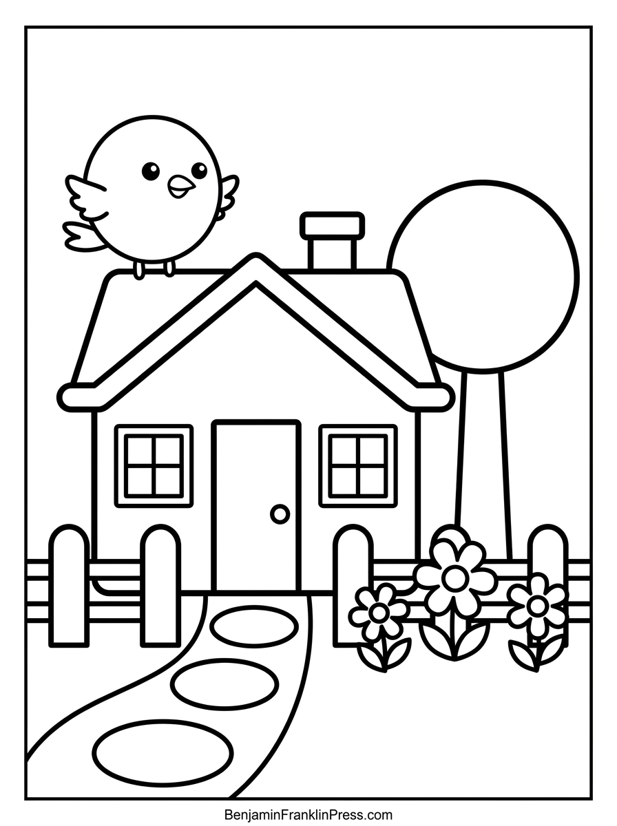 Casa para colorir com jardim, cerca de madeira, arvorezinha e passarinho no telhado, desenho fofo para crianças
