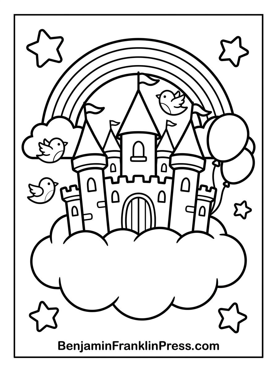 Castelo para colorir flutuando em uma nuvem, com arco-íris e passarinhos, desenho fofo para crianças pequenas