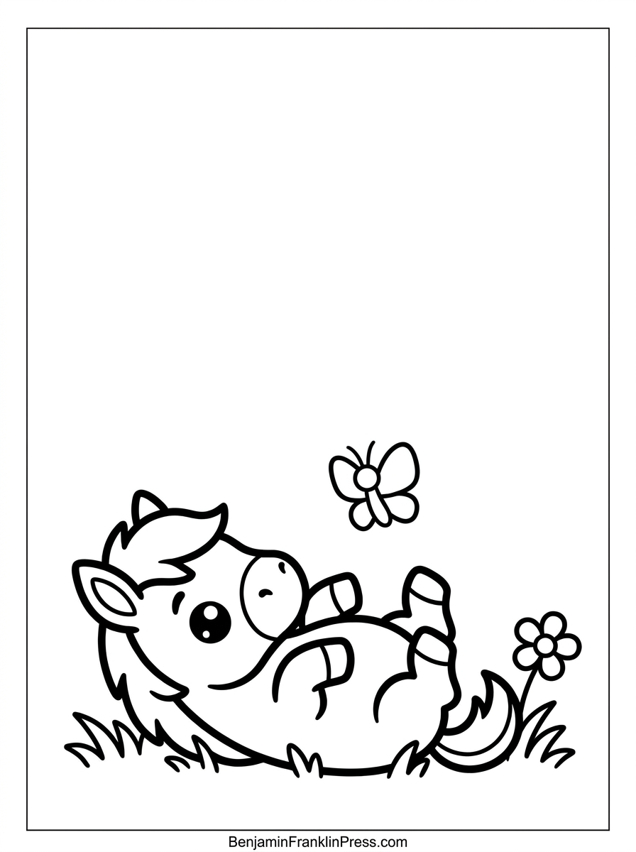 Desenho de cavalo para colorir - potrinho fofo brincando na grama com borboleta, atividade infantil