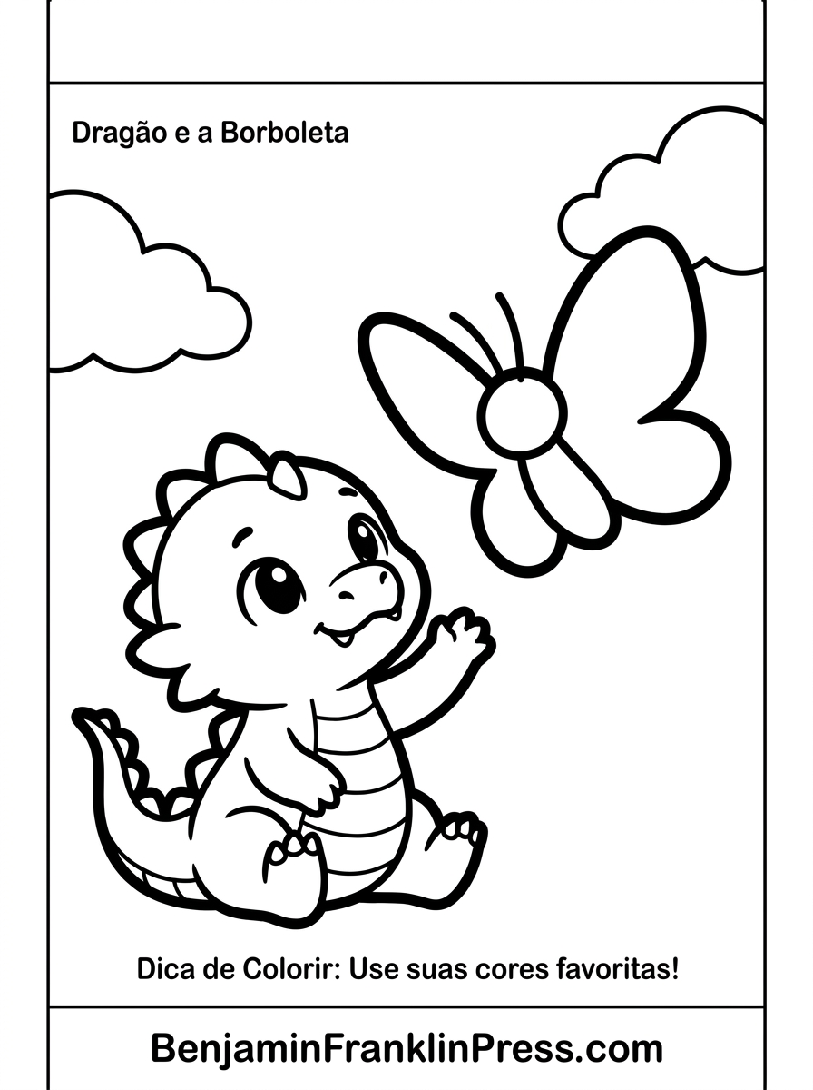Desenho de dragão para colorir com borboleta, dragão chibi sentado observando borboleta no céu, atividade infantil