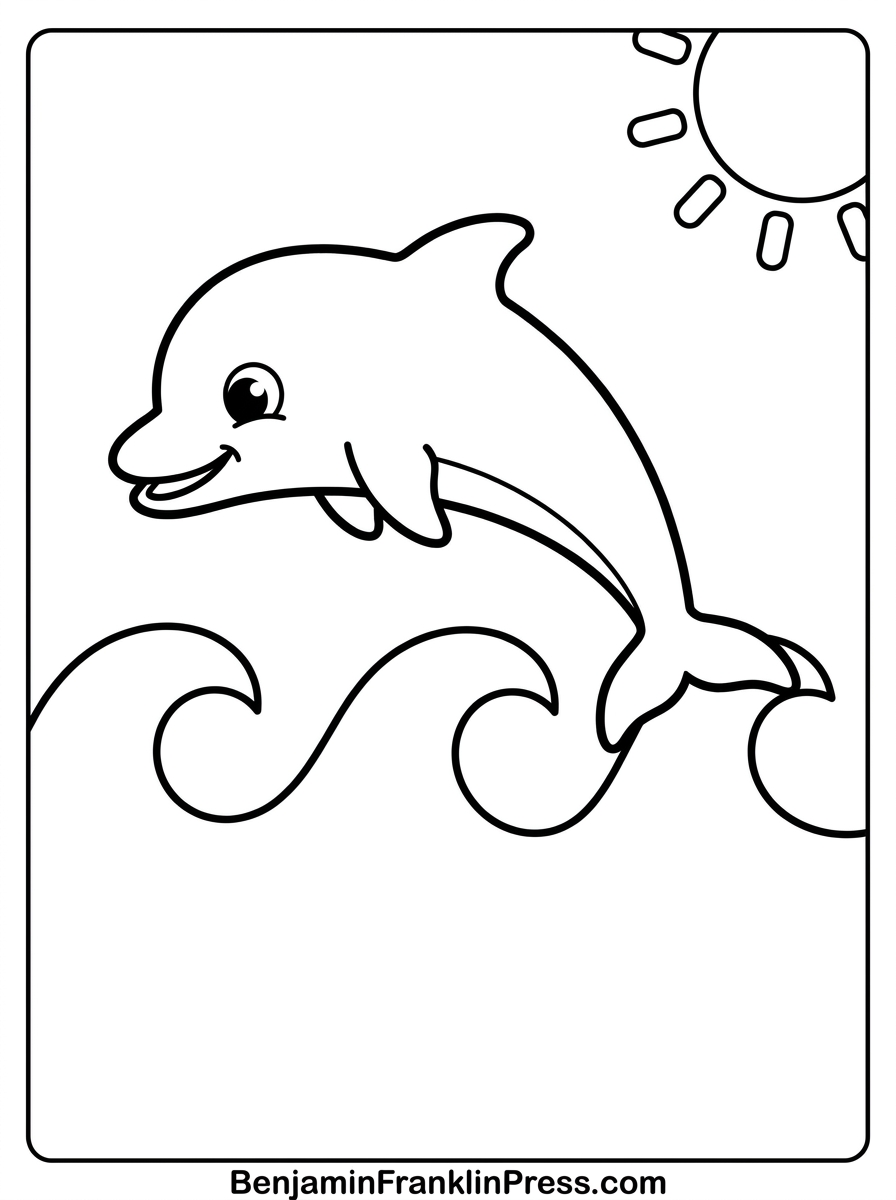 Desenho de praia para colorir com golfinho saltando sobre as ondas e sol sorridente no canto