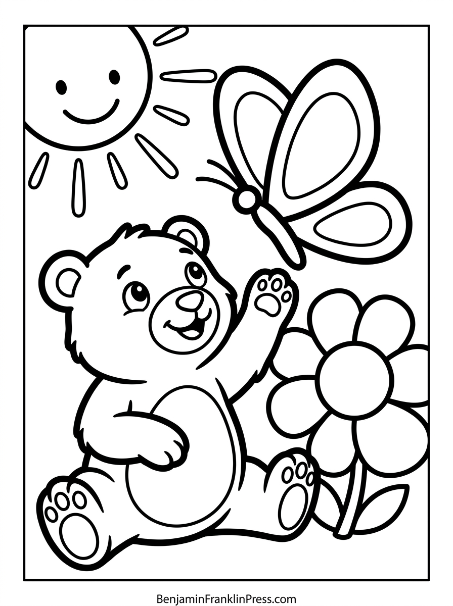 Urso para colorir com borboleta e sol sorridente, atividade infantil para imprimir