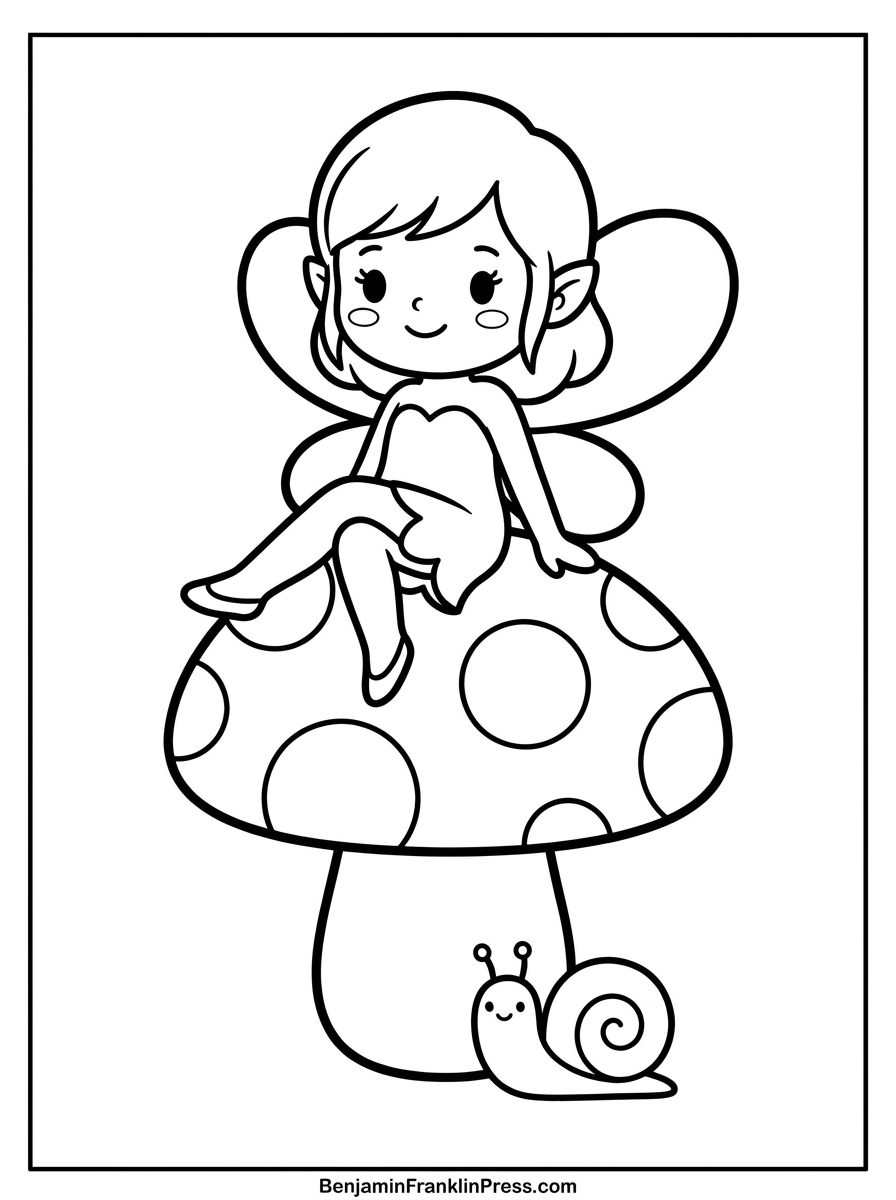 Fadinha para colorir sentada em um cogumelo grande, com um caracol ao lado, ilustração infantil para imprimir