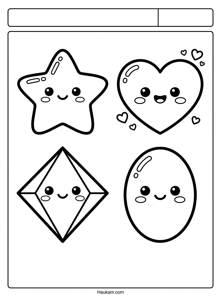 Página de formas geométricas para colorir com estrela, coração, losango e oval em desenho fofo para crianças