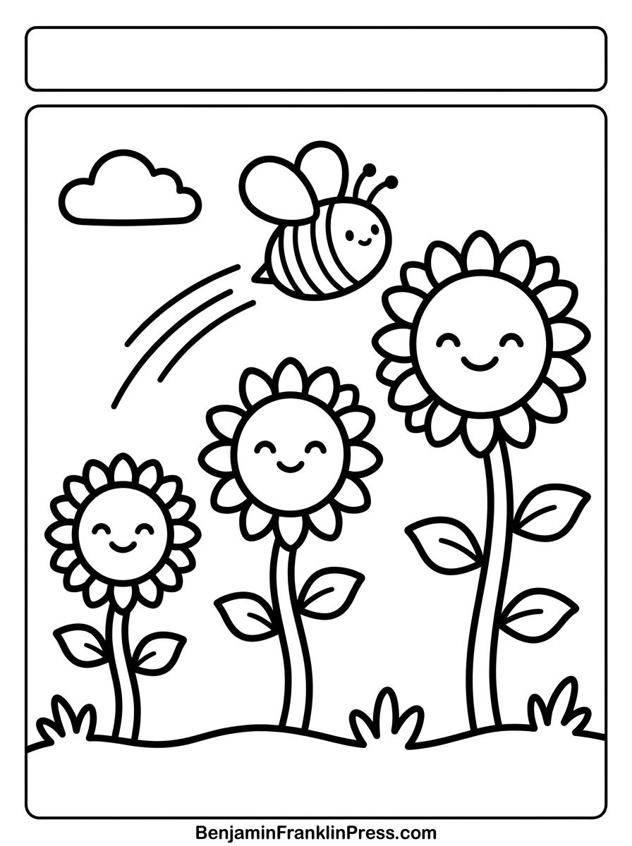 Girassol colorir com abelhinha fofa, três flores de tamanhos diferentes em campo, desenho para crianças