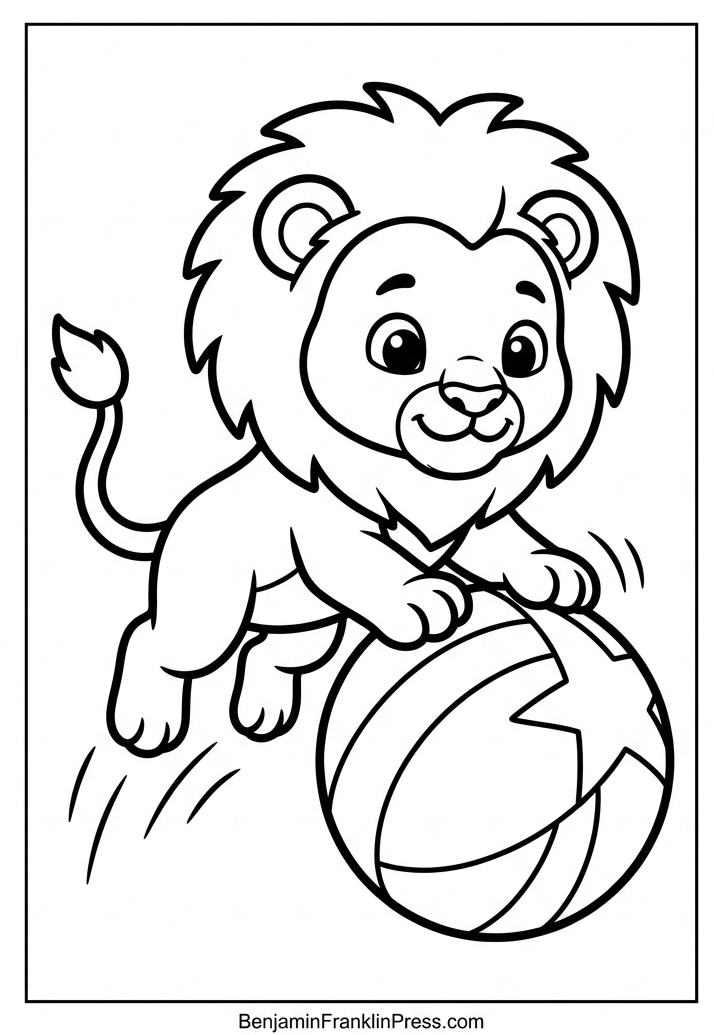 Leão para colorir brincando com uma bola, desenho infantil com traços grossos e simples