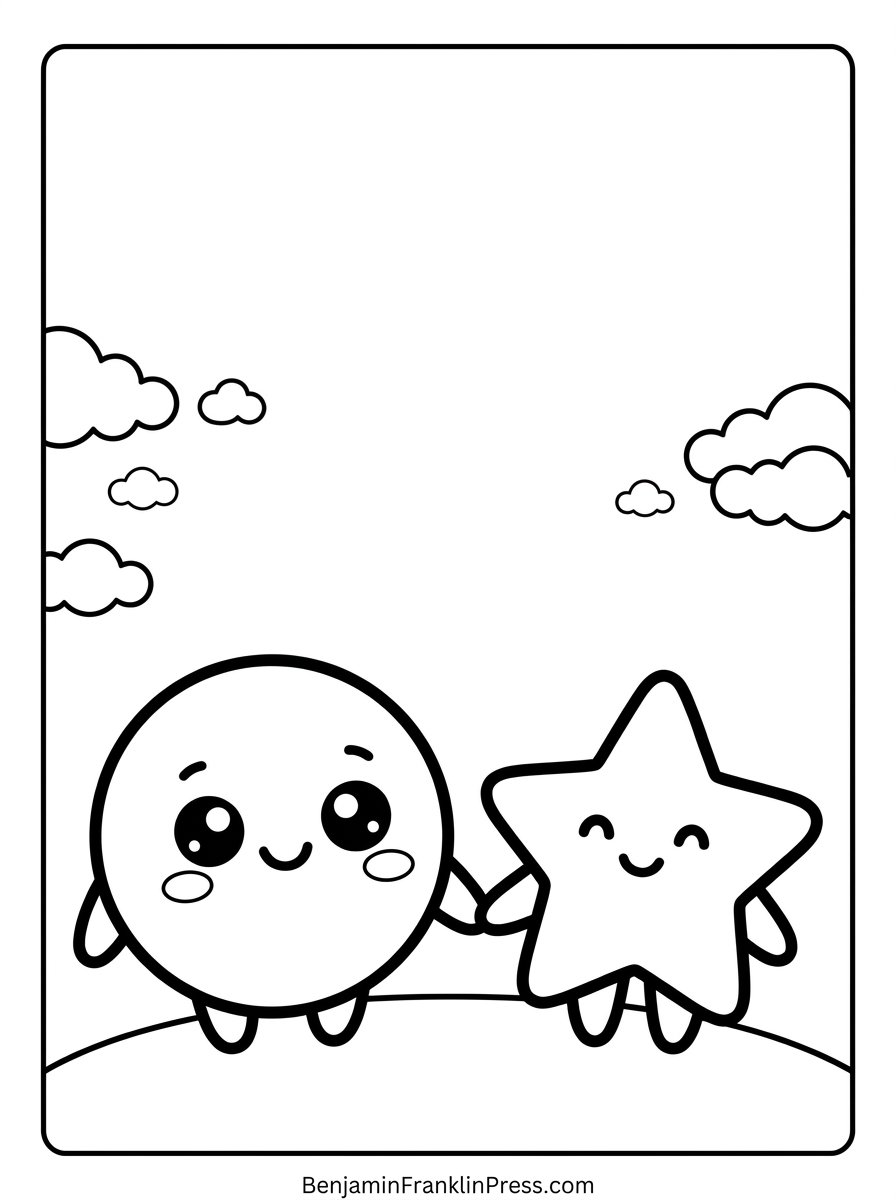Página de lua para colorir com lua e estrela de mãos dadas, estilo chibi para crianças