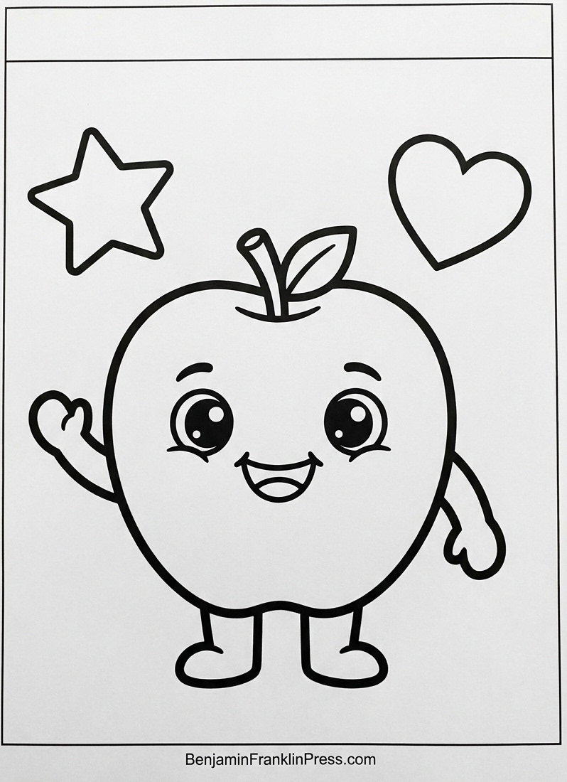 Maçã para colorir em estilo chibi dançando, desenho fofo de personagem fruta para crianças