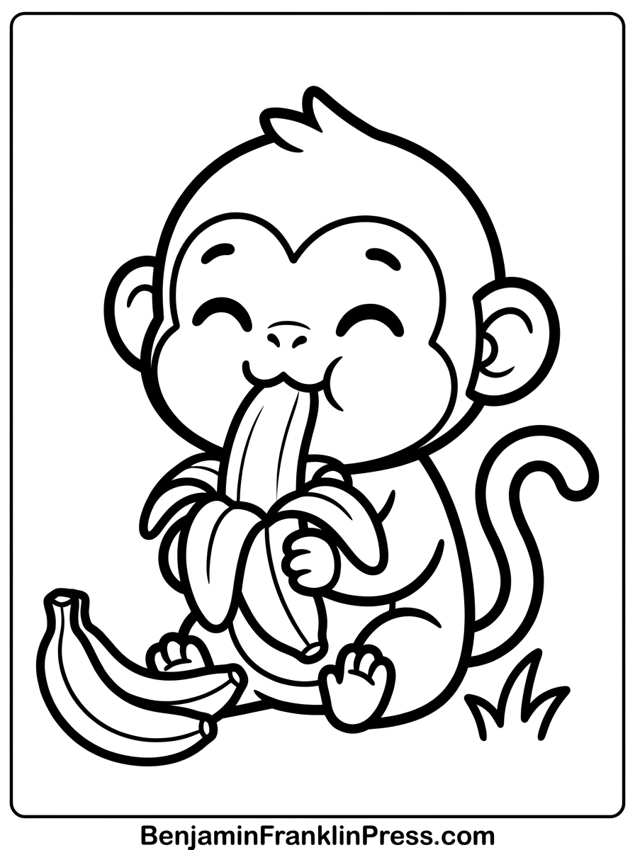 Desenho de macaco para colorir sentado comendo uma banana grande, página simples e fofa para crianças pequenas