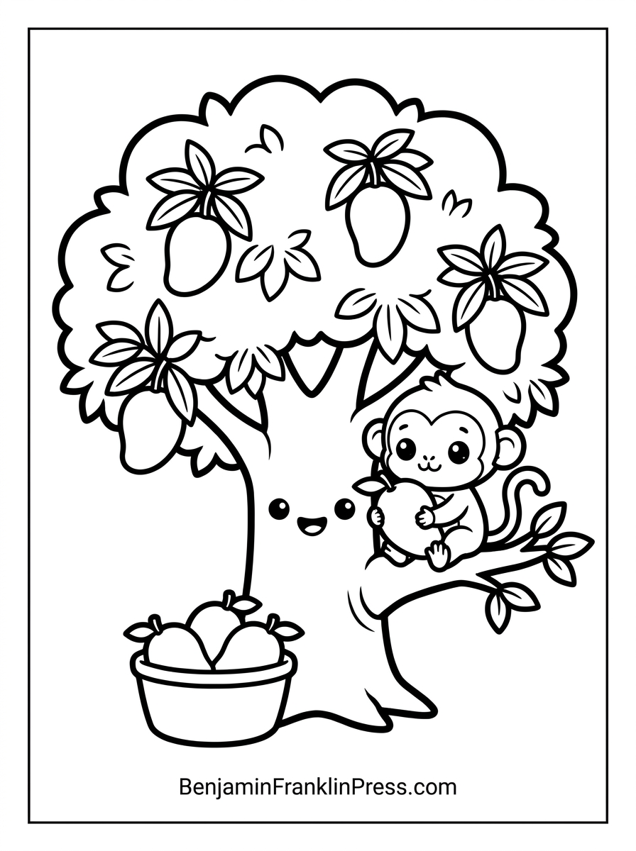Árvores para colorir: mangueira com macaquinho fofo segurando manga, desenho para crianças