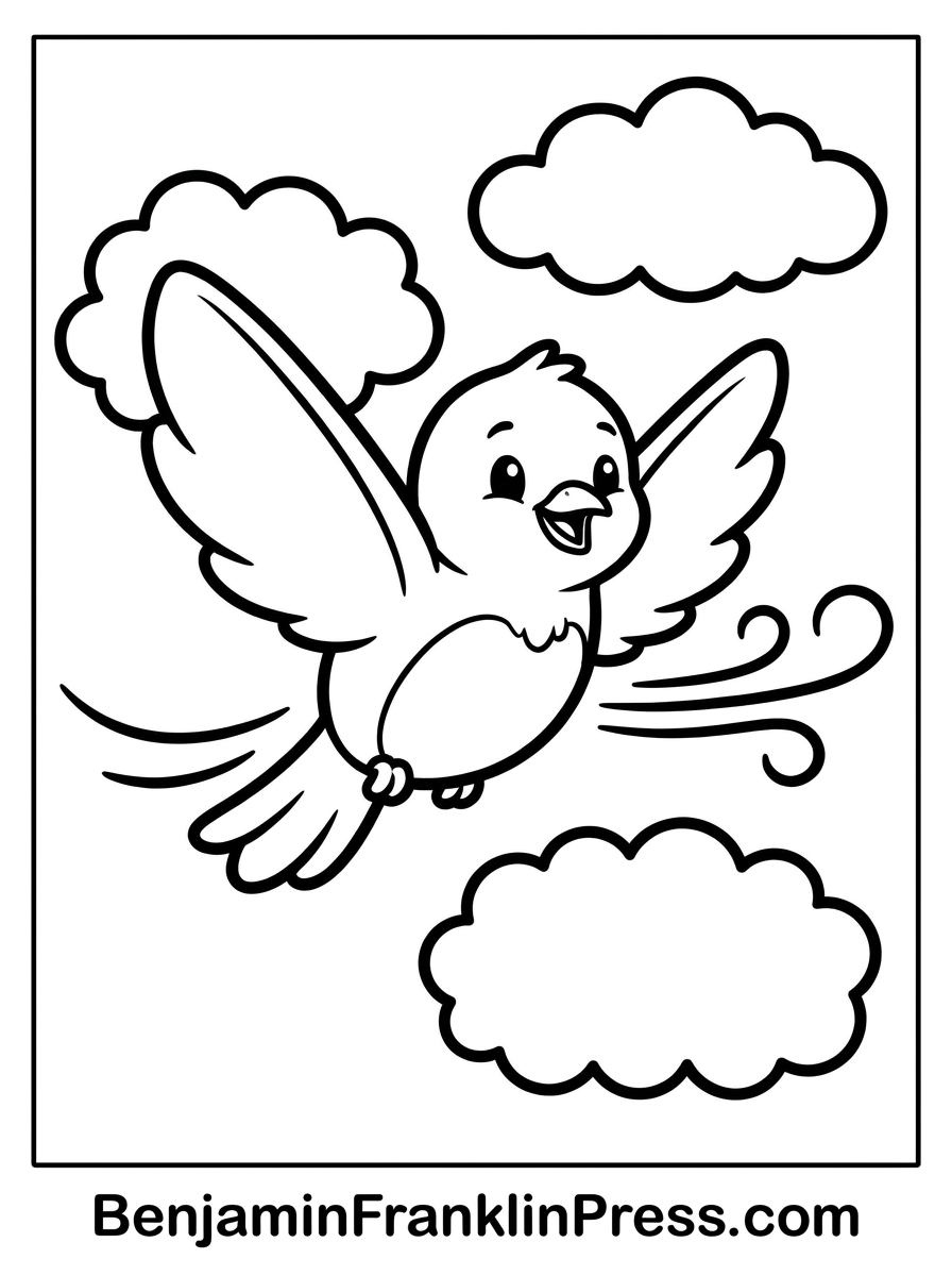 Desenho de passarinho colorir voando entre nuvens fofas, estilo chibi, para atividades infantis