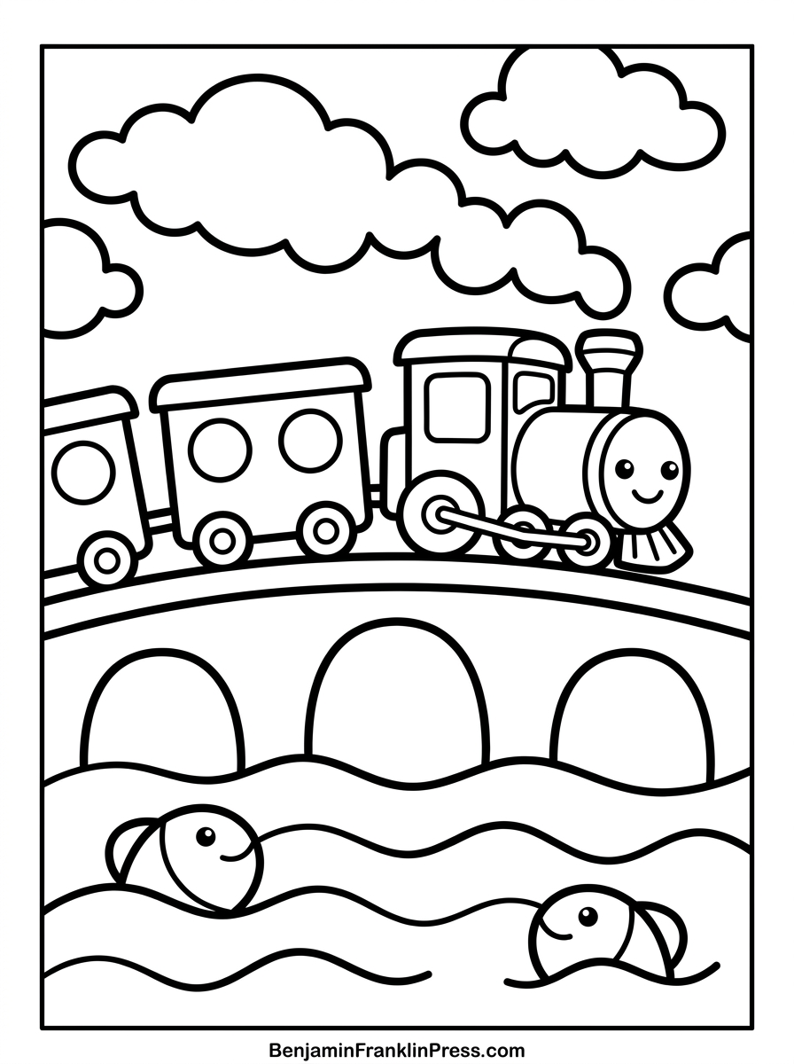 Desenho de trem para colorir atravessando uma ponte, com peixinhos sorridentes no rio