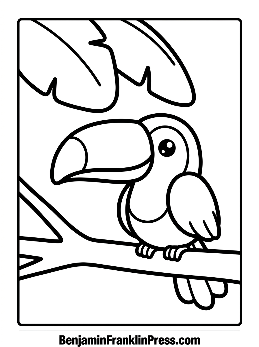Desenho de floresta para colorir com tucano fofo pousado em galho com folhas tropicais grandes, traços espessos para crianças pequenas pintarem.