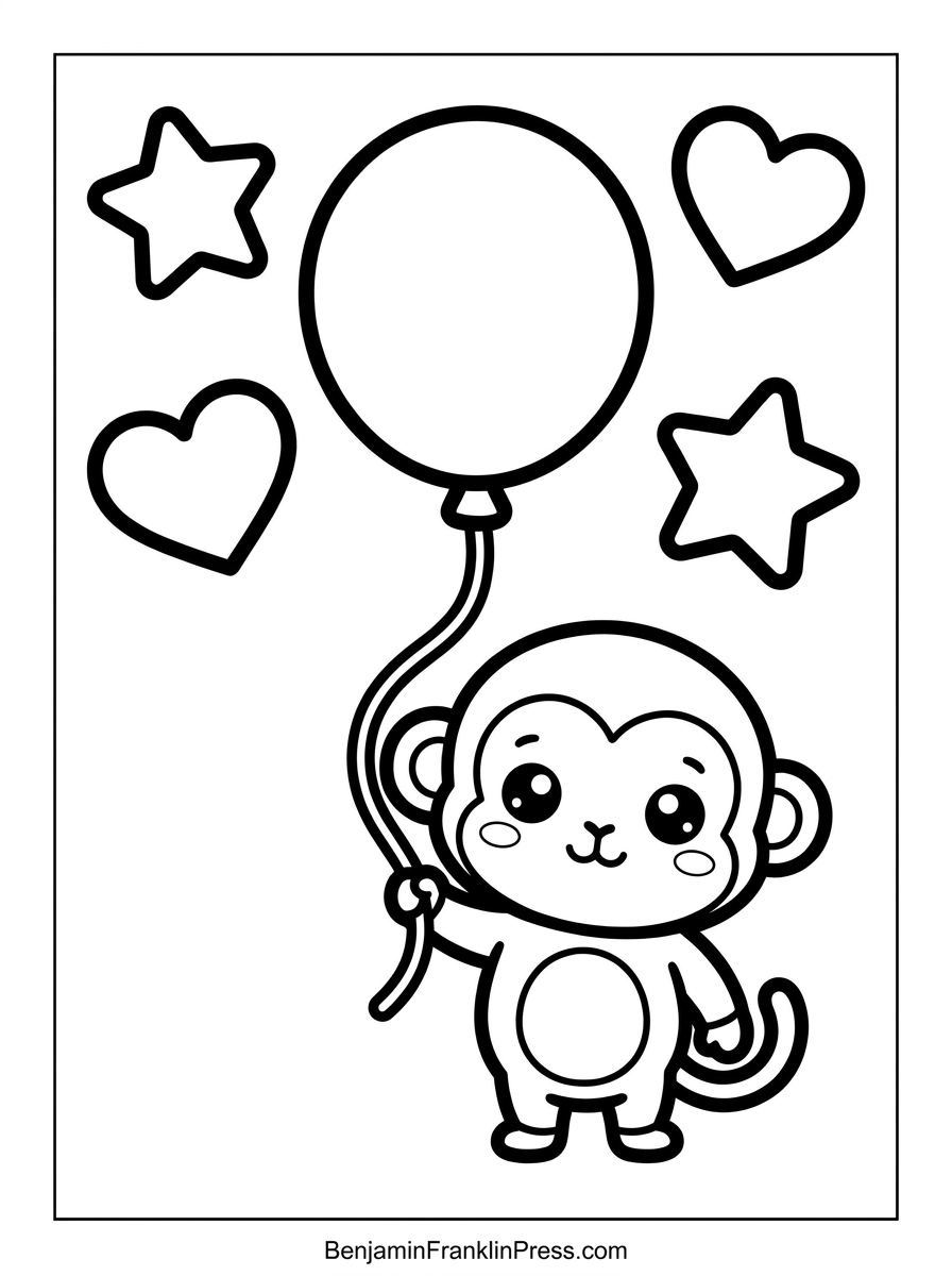 Desenho de macaco bebê para colorir segurando um balão, cercado de estrelinhas, perfeito para festa infantil