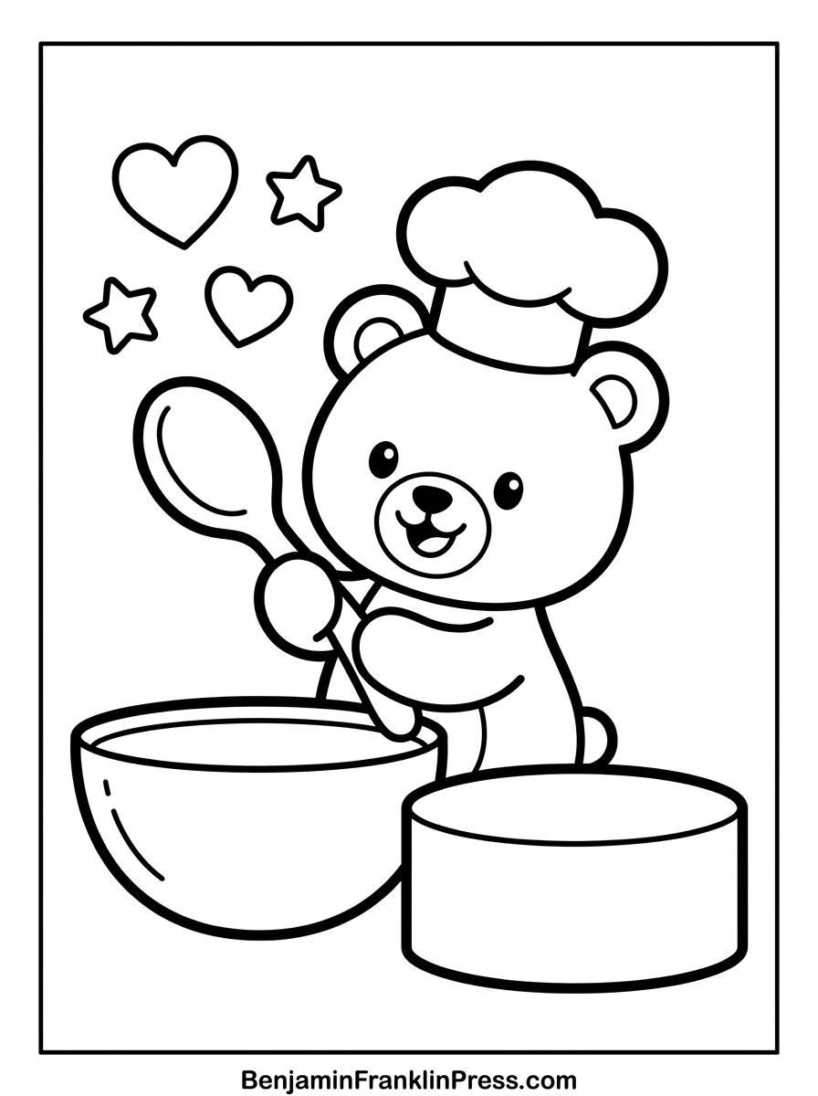 Desenho para colorir de ursinho confeiteiro mexendo massa de bolo em uma tigela