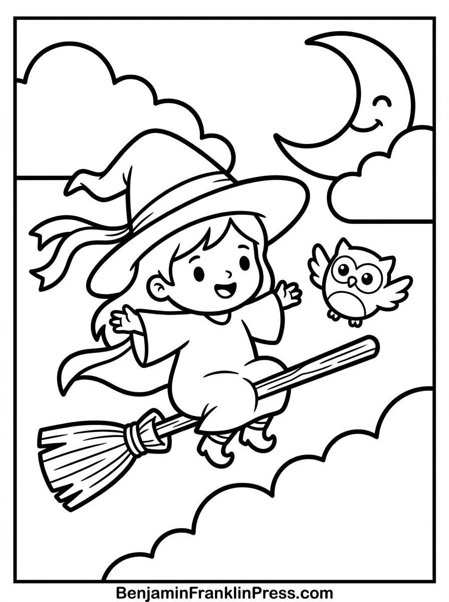 Bruxa para colorir voando de vassoura com coruja, desenho fofo infantil