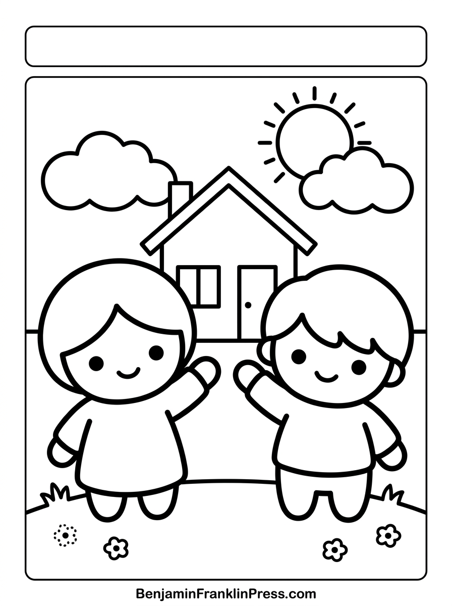 Desenho para colorir de uma família acenando em frente à casa, com sol e nuvens no céu, estilo chibi infantil