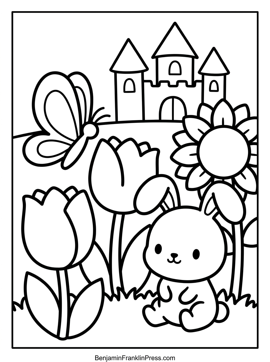 Castelo para colorir ao fundo de um jardim com flores grandes, coelhinho e borboleta, ideal para crianças pequenas