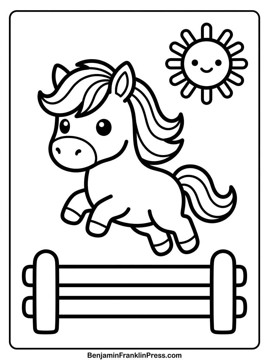 Desenho de cavalo para colorir - cavalinho pulando com crina esvoaçante e sol ao fundo, desenho infantil