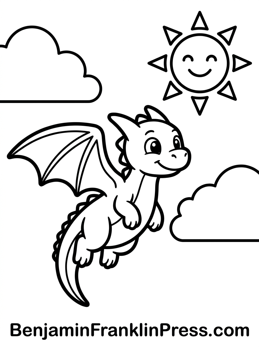 Desenho de dragão para colorir voando, dragãozinho fofo com asas abertas ao lado do sol e nuvens, página infantil