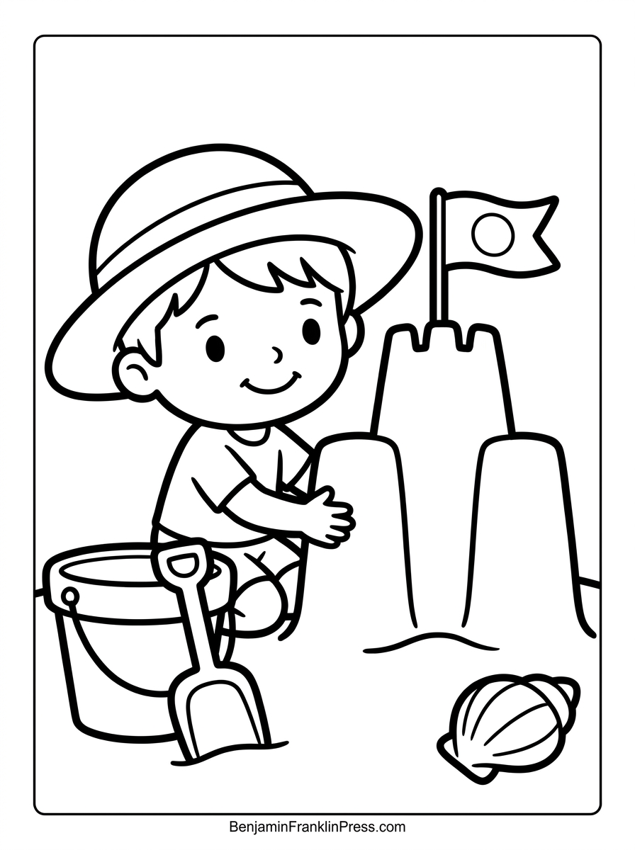 Desenho de praia para colorir com criança construindo castelo de areia usando balde e pá