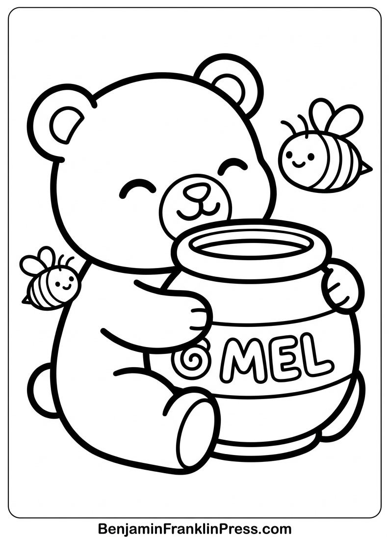 Urso para colorir abraçado a um pote de mel com abelhinhas, desenho infantil