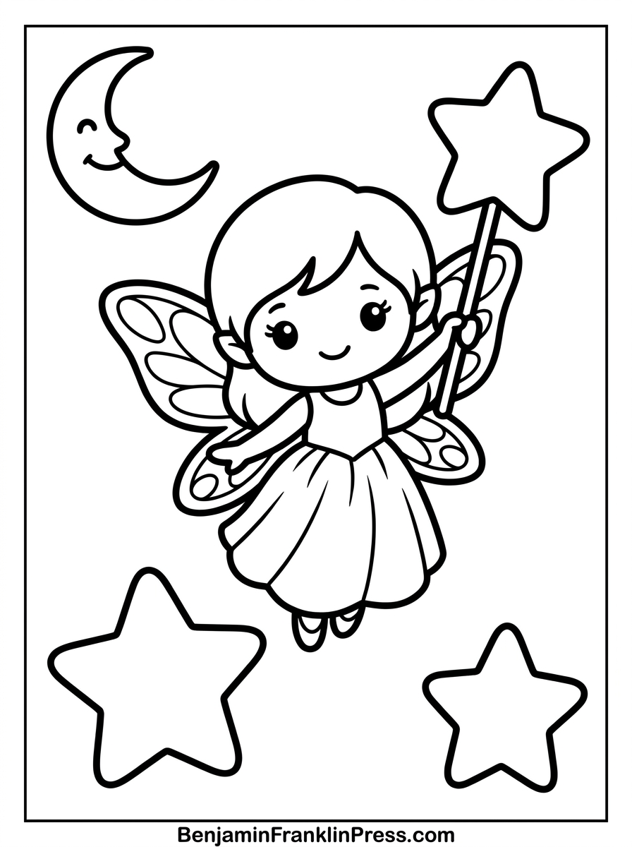 Fadinha para colorir voando entre estrelas grandes e uma lua sorridente, desenho para colorir infantil