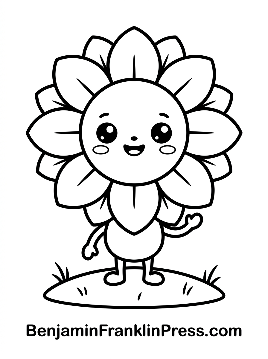 Personagem girassol colorir estilo chibi acenando, desenho fofo de flor com braços e pernas para crianças