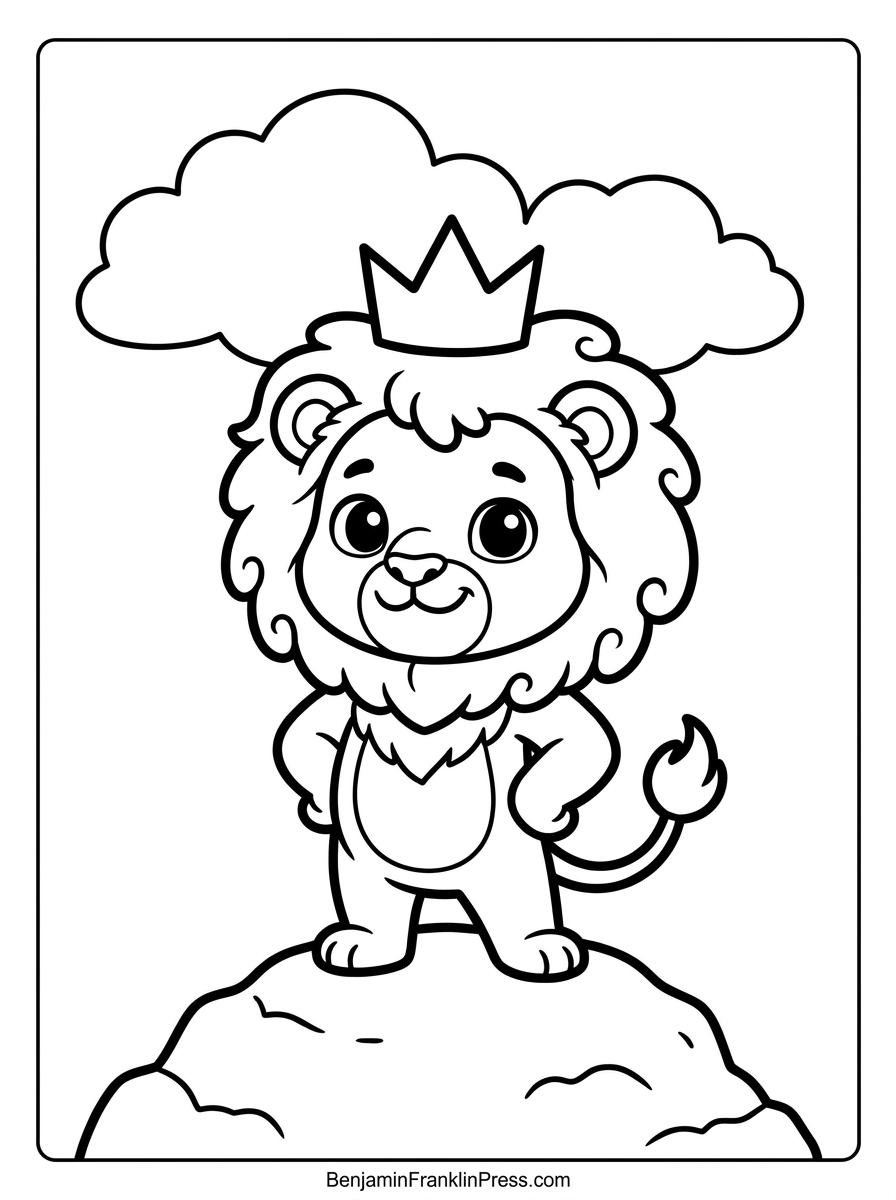 Leão para colorir usando coroa, desenho de pequeno rei leão em cima de uma rocha, estilo fofo