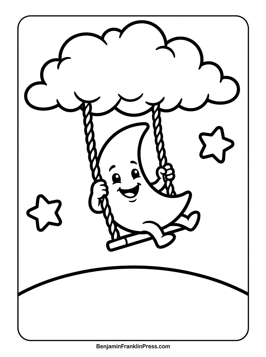 Desenho para colorir de lua brincando em um balanço pendurado em uma nuvem no céu