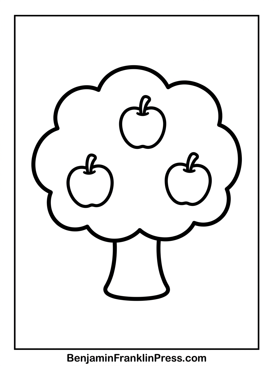 Desenho de macieira fofa para colorir com maçãs penduradas nos galhos, atividade educativa infantil