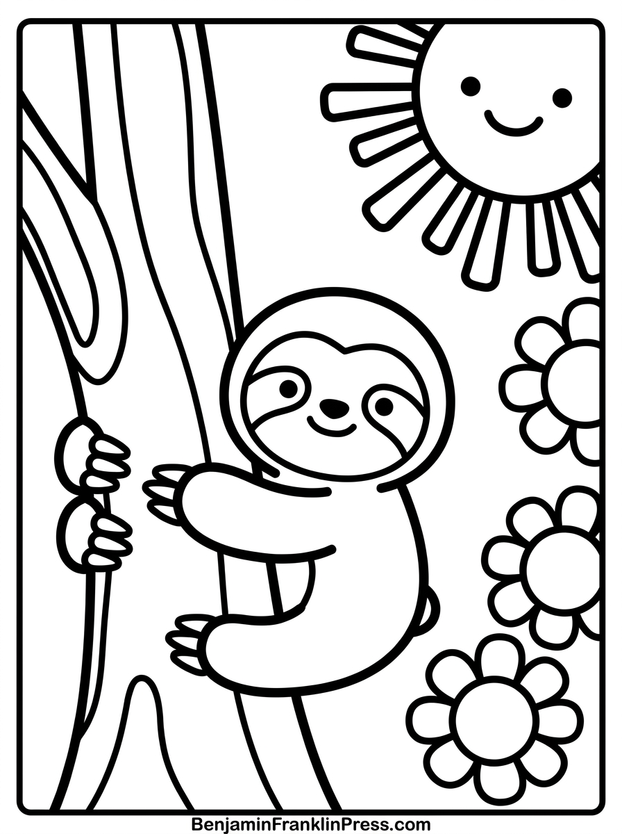 Desenho de floresta para colorir com preguiça fofa abraçada em tronco de árvore com sol sorridente, traços grossos para crianças pequenas.