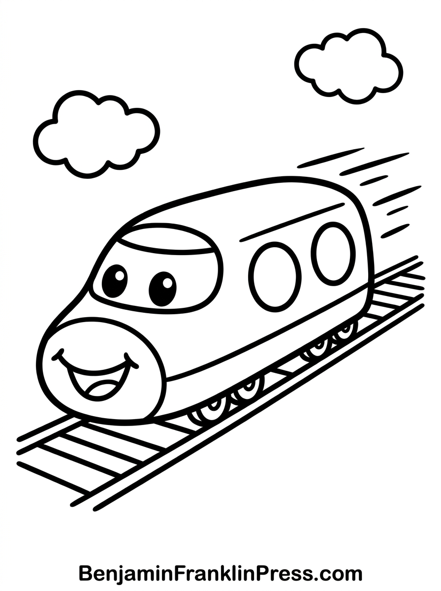 Desenho de trem-bala moderno para colorir, com carinha sorridente e linhas de velocidade