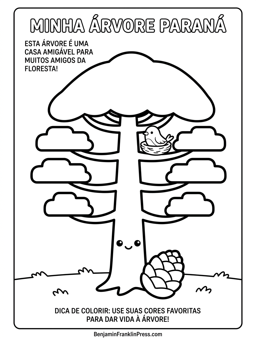 Araucária para colorir com passarinho no ninho, desenho simples de árvores para colorir infantil