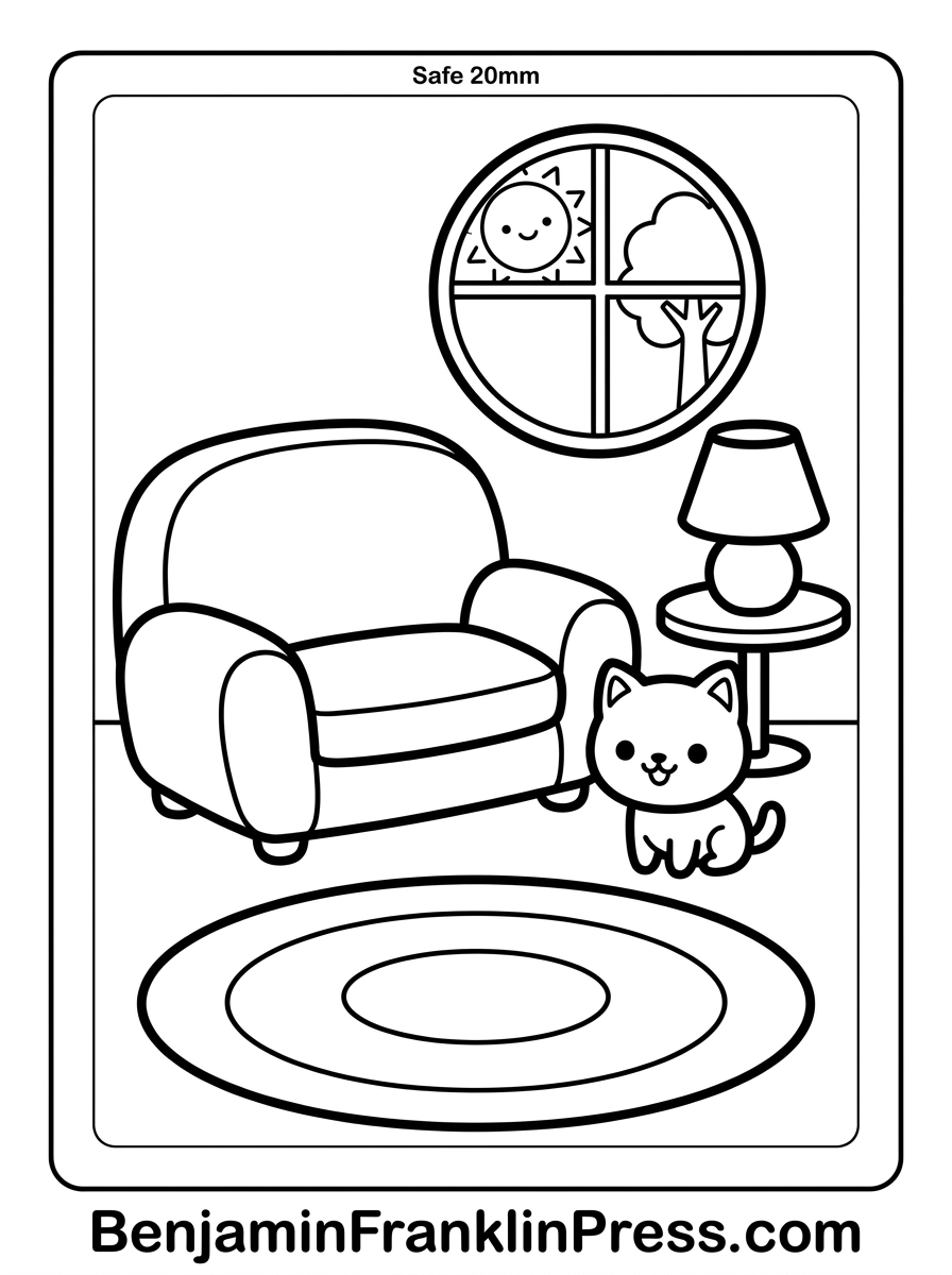 Casa para colorir mostrando sala de estar com sofá, tapete, abajur e bichinho de estimação, traços grossos e simples