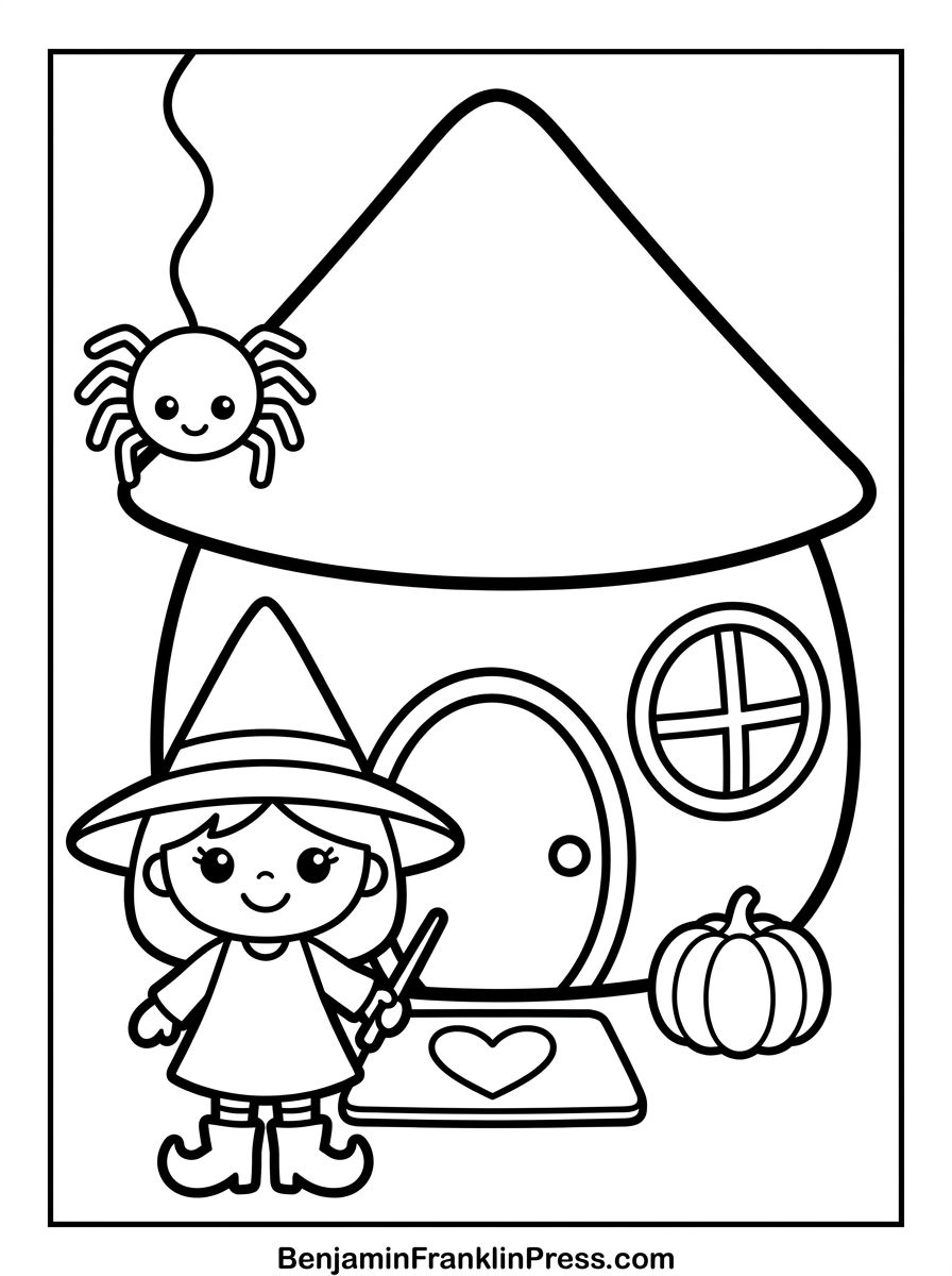 Bruxa para colorir em frente à casinha, desenho de Halloween infantil