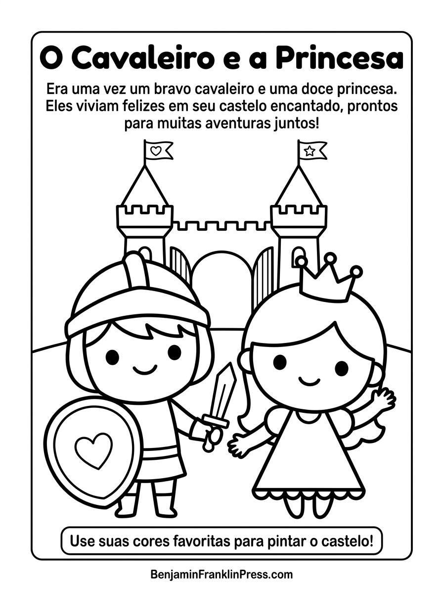 Castelo para colorir com cavaleiro e princesa fofinhos no portão, desenho simples em preto e branco