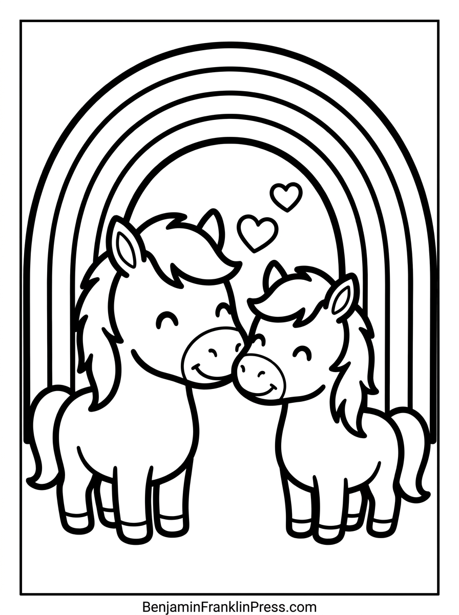 Desenho de cavalo para colorir - dois cavalinhos amigos com arco-íris e corações, tema amizade infantil