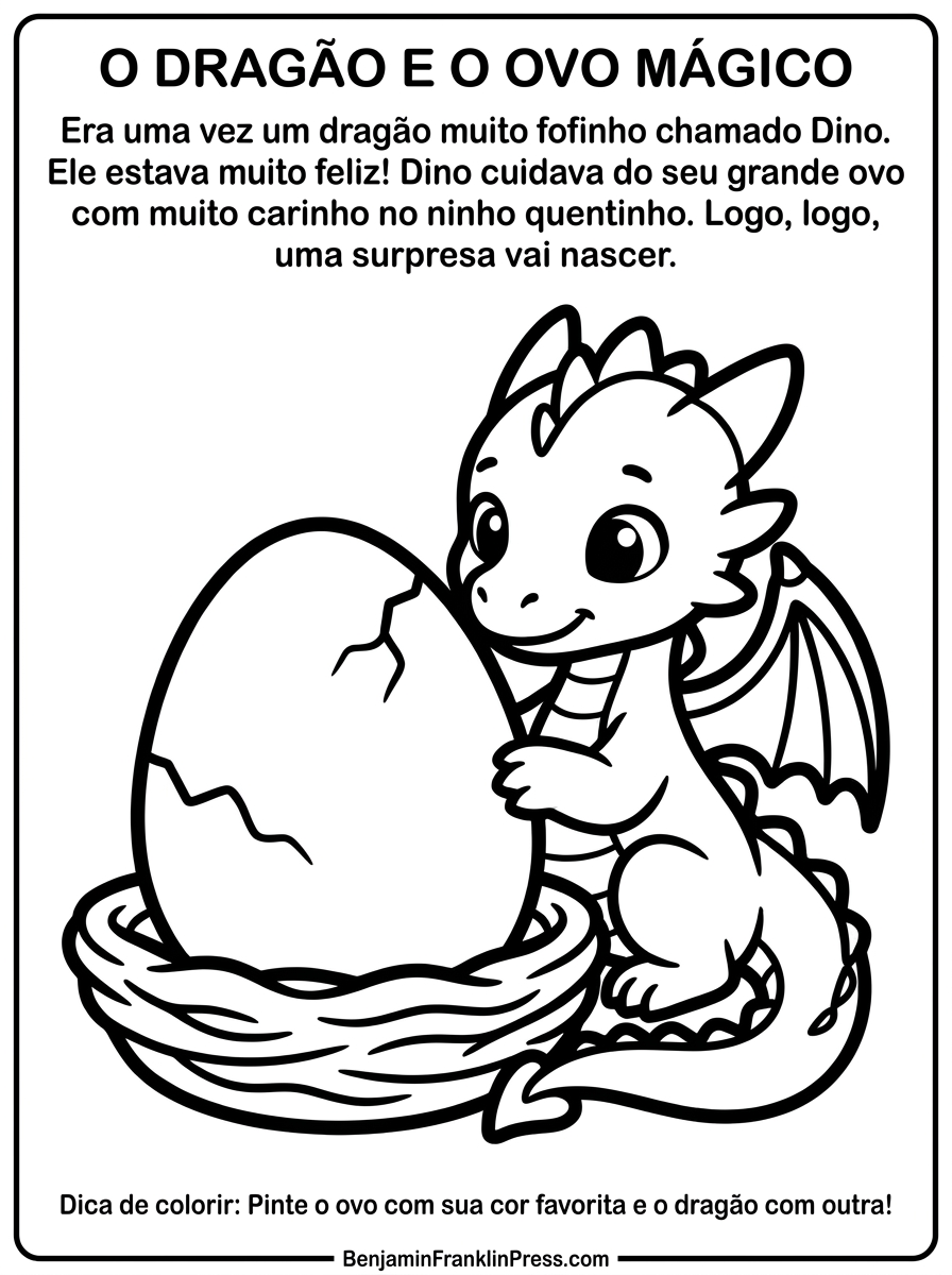 Desenho de dragão para colorir com ovo, dragão chibi cuidando de ovo em ninho, atividade para colorir infantil