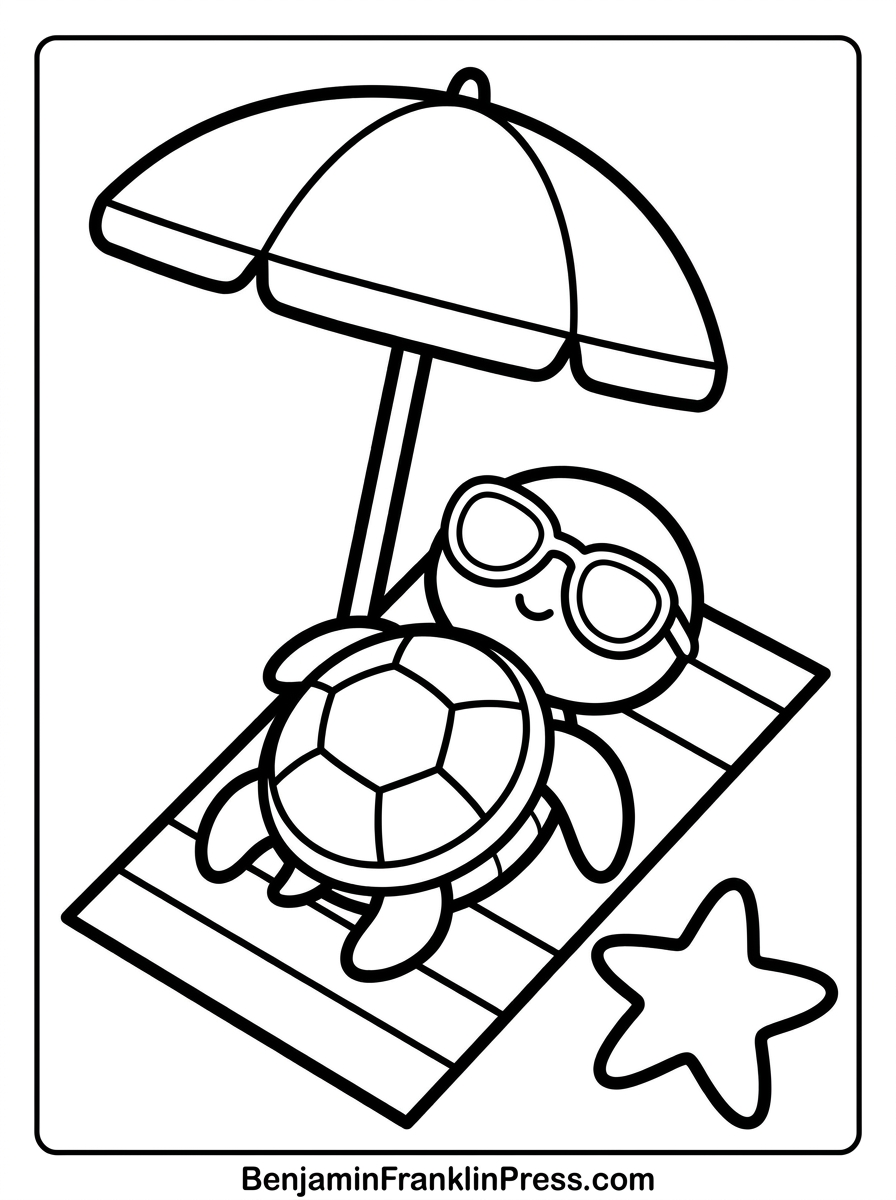Desenho de praia para colorir com tartaruga de óculos escuros deitada sob guarda-sol na toalha