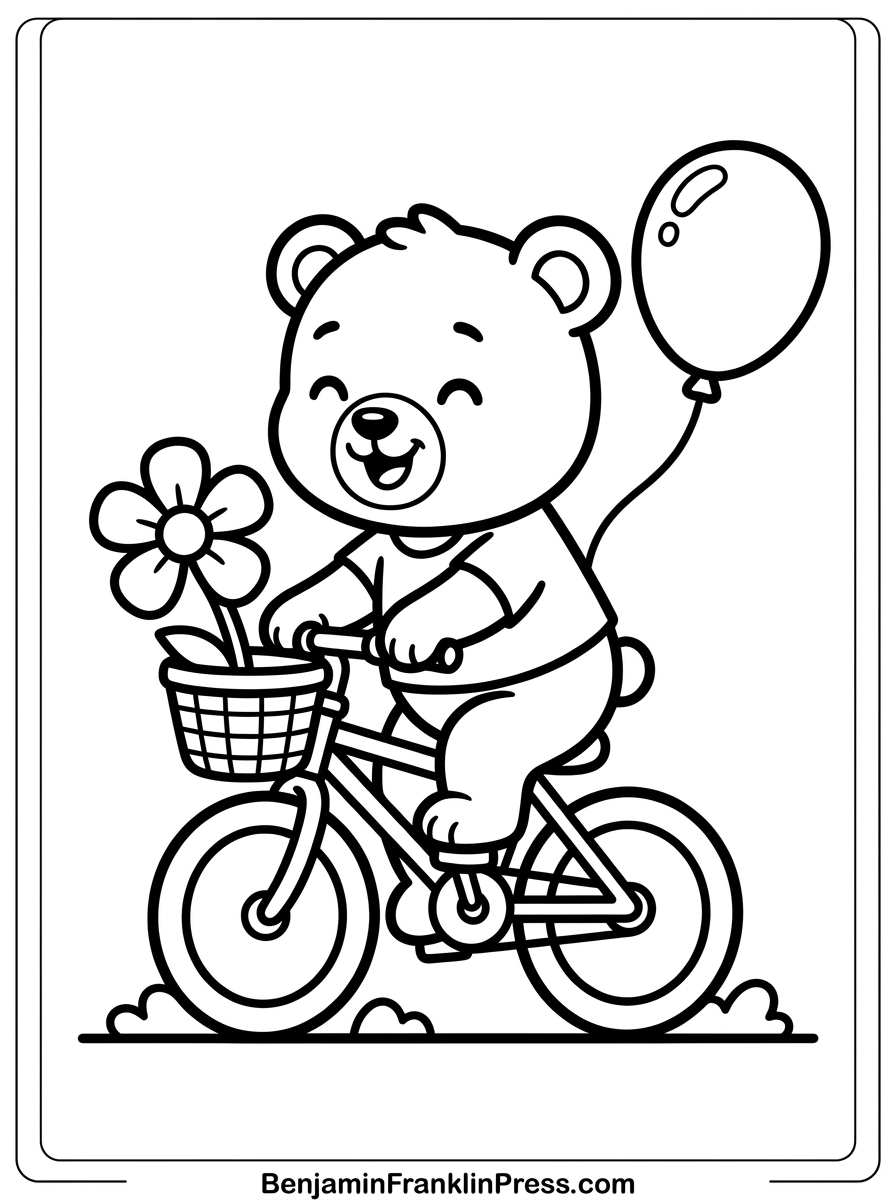 Urso para colorir andando de bicicleta com balão, desenho para imprimir grátis