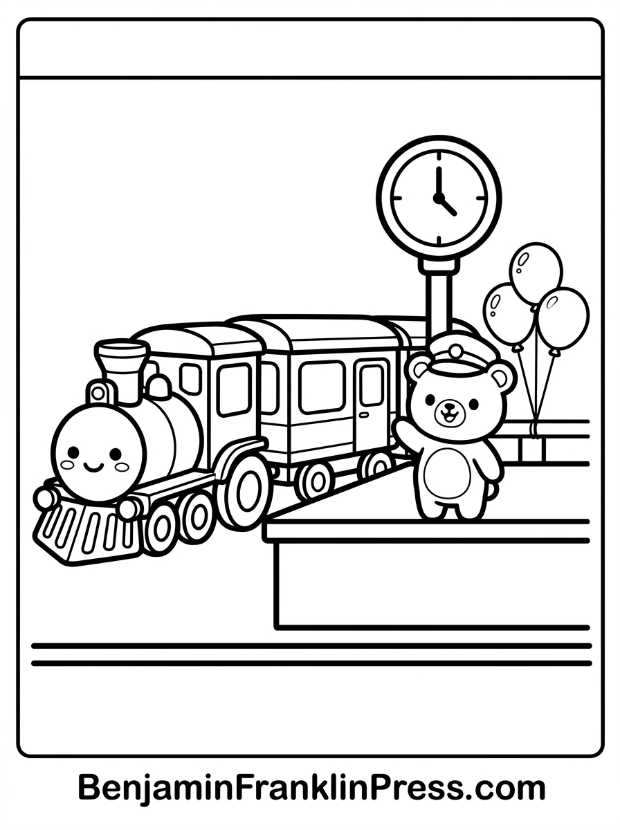 Desenho de trem parado na estação para colorir, com animalzinho maquinista acenando
